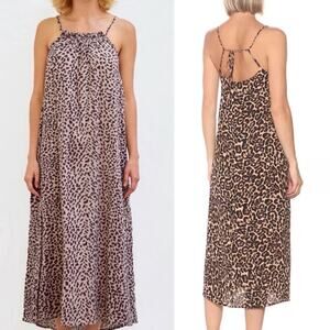 Sundry Leopard Maxi Dress Strappy Driftwood Cheetah Cotton Midi Pockets XS